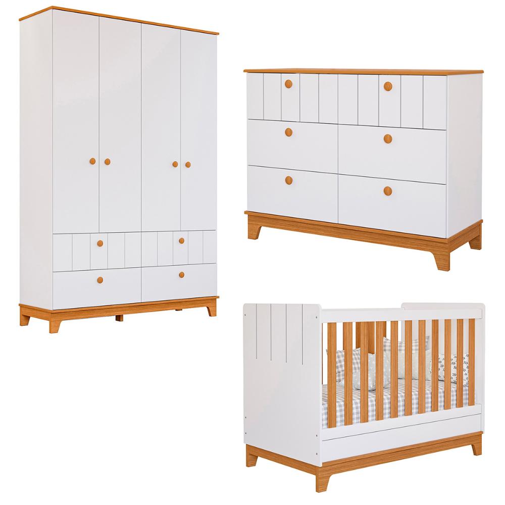 Kit Quarto Infantil Biscoito Berço Colchão Cômoda Roupeiro Branco Acetinado/Nature