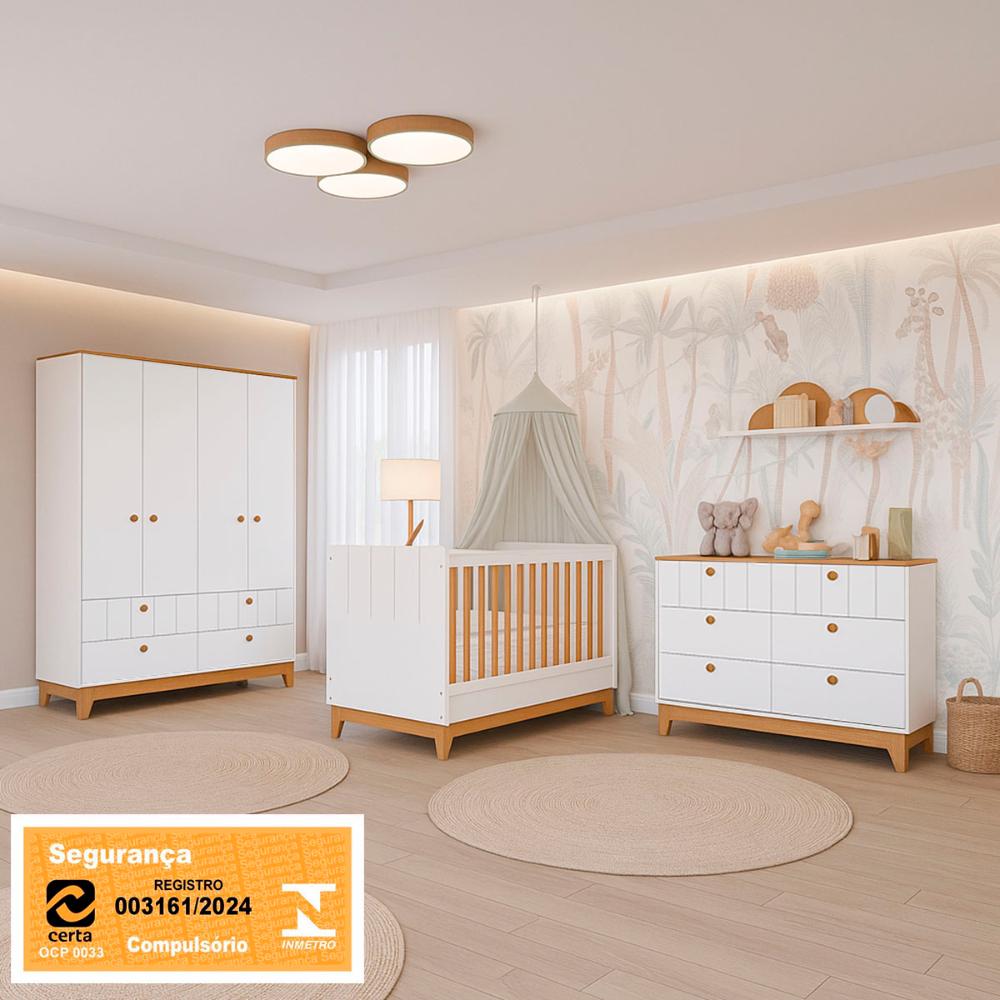 Kit Quarto Infantil Biscoito Berço Colchão Cômoda Roupeiro Branco Acetinado/Nature