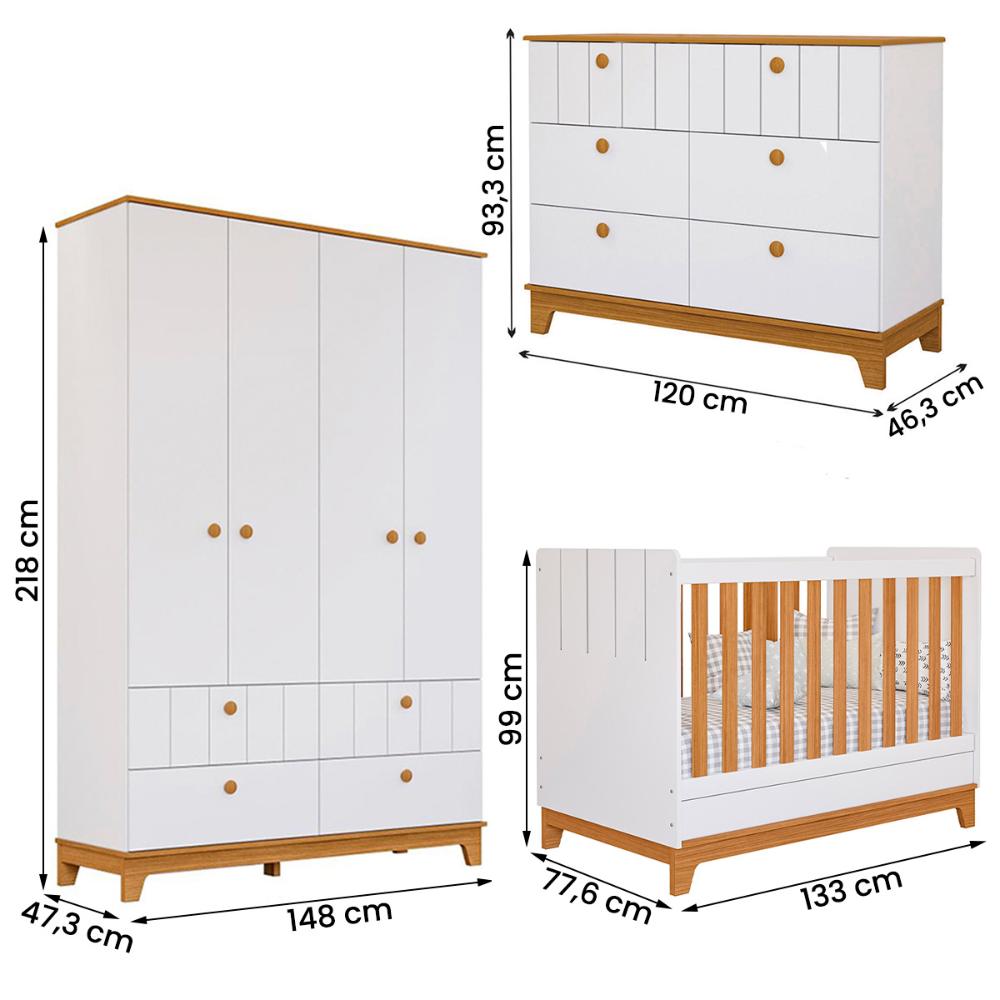 Kit Quarto Infantil Biscoito Berço Colchão Cômoda Roupeiro Branco Acetinado/Nature