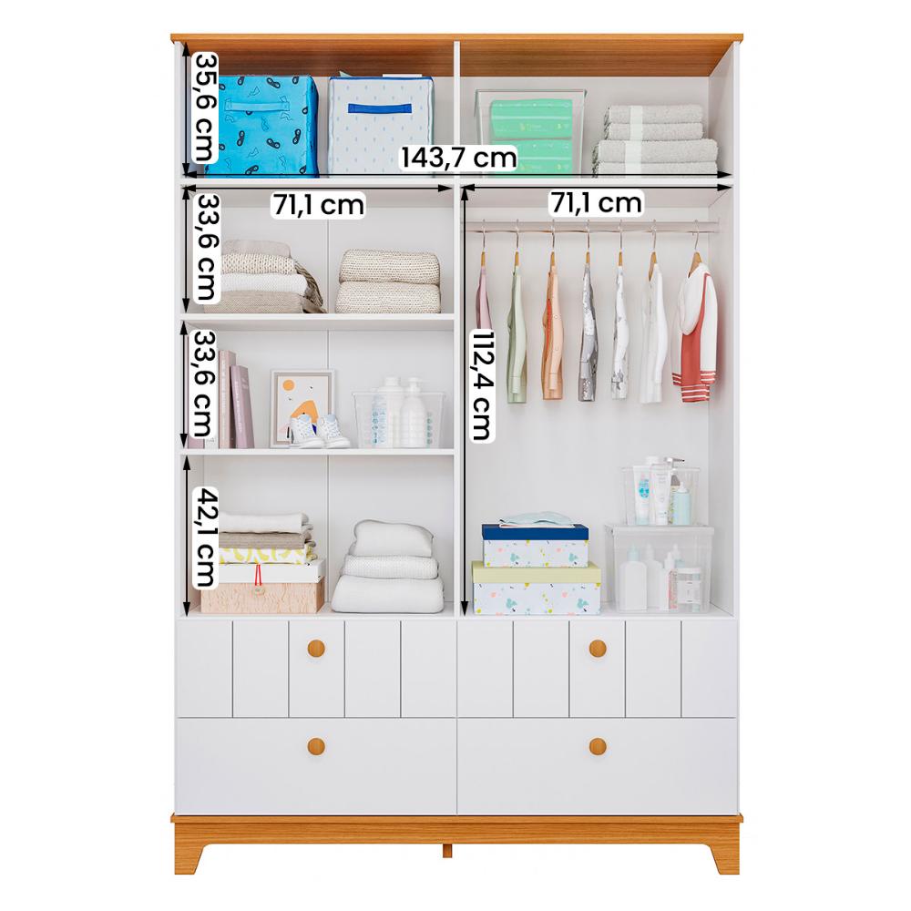 Kit Quarto Infantil Biscoito Berço Colchão Cômoda Roupeiro Branco Acetinado/Nature