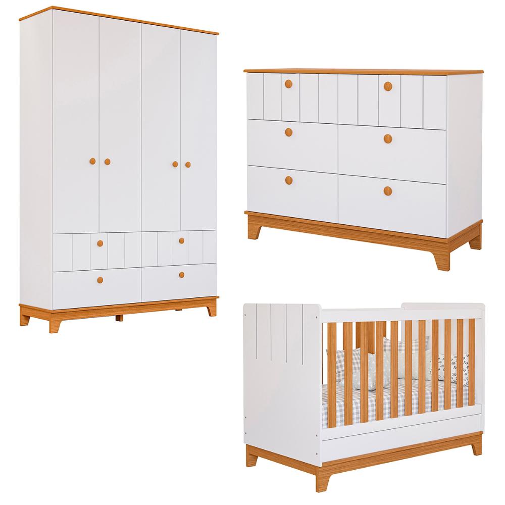 Kit Quarto Infantil Biscoito com Berço Cômoda Roupeiro Branco Acetinado/Nature