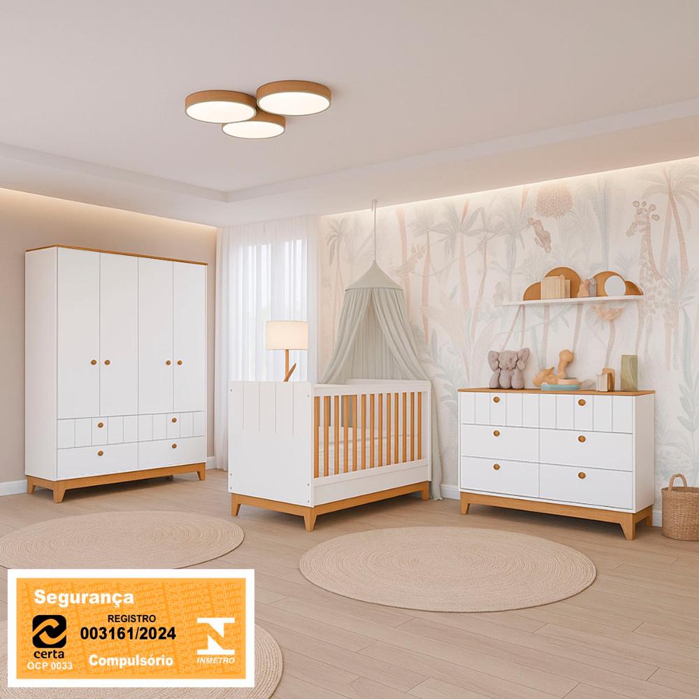 Kit Quarto Infantil Biscoito com Berço Cômoda Roupeiro Branco Acetinado/Nature