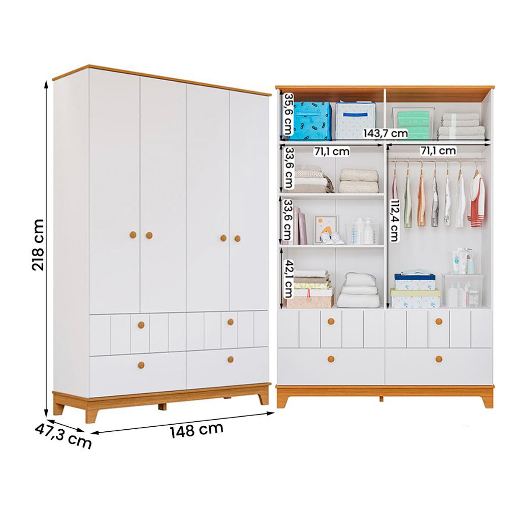 Kit Quarto Infantil Biscoito com Berço Cômoda Roupeiro Branco Acetinado/Nature