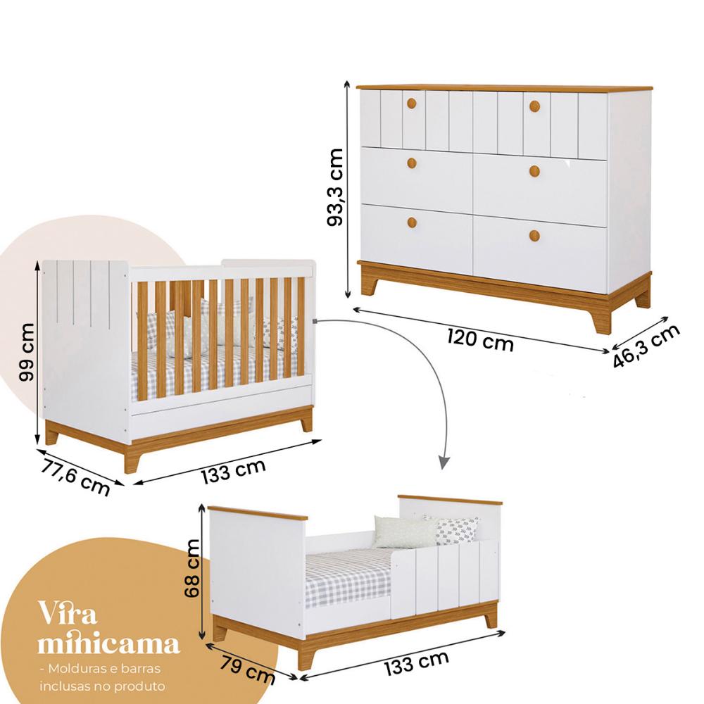 Kit Quarto Infantil Biscoito com Berço Cômoda Roupeiro Branco Acetinado/Nature