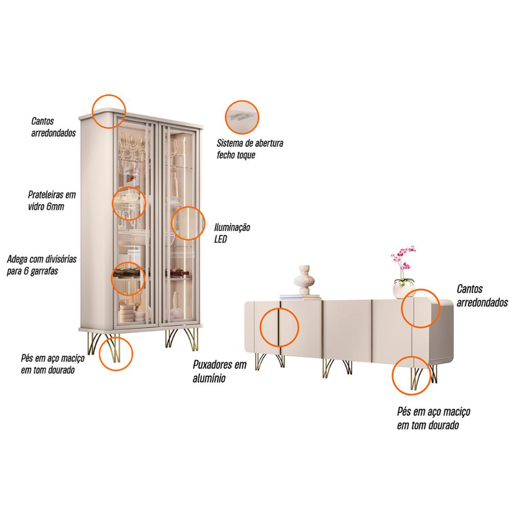 Kit de Aparador Buffet Saluti e Cristaleira Evora Pés de Aço Off White