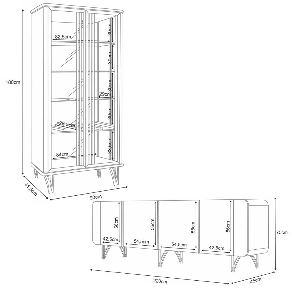 Kit de Aparador Buffet Saluti e Cristaleira Evora Pés de Aço Off White
