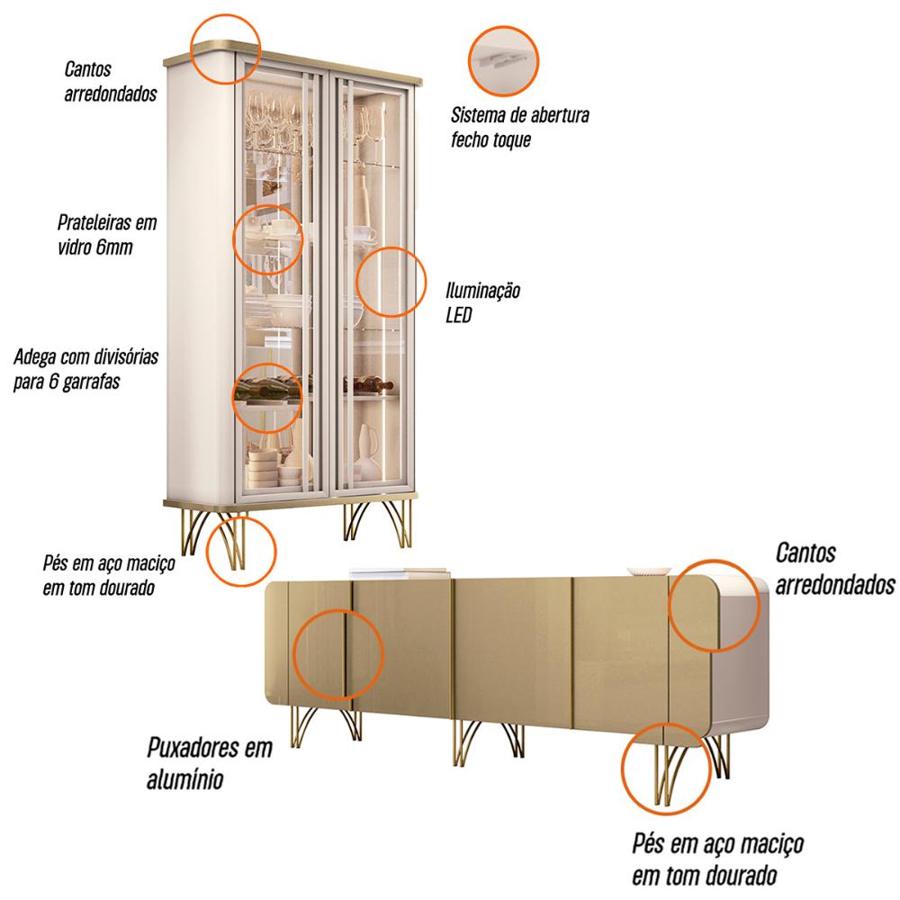 Kit de Aparador Buffet Saluti e Cristaleira Evora Pés de Aço Off White/Champanhe
