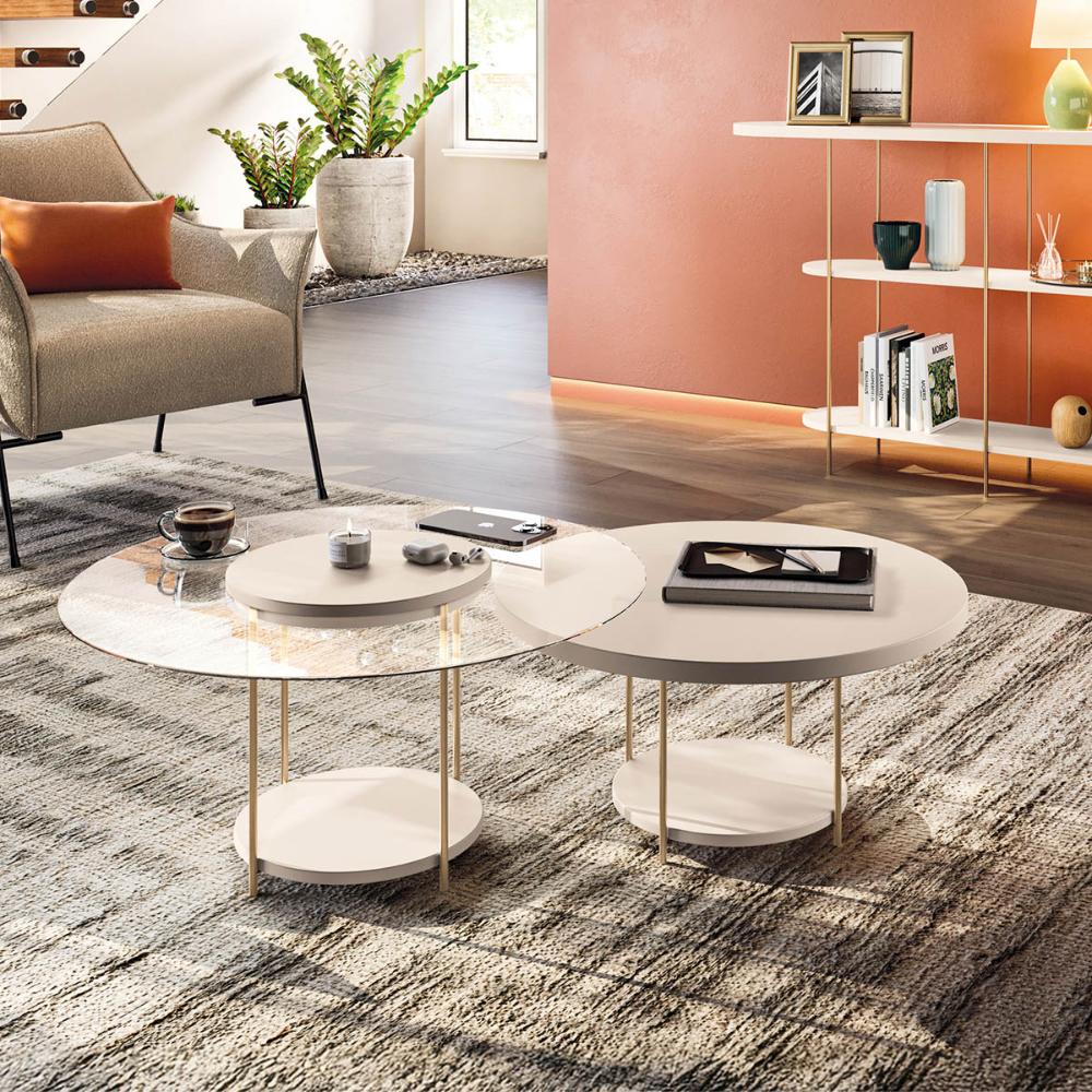 Kit de Mesa de Centro Sky com Pés em Aço e Tampo Vidro e MDF Off White