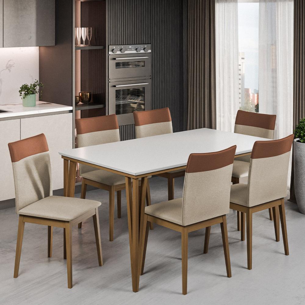 Kit de Mesa de Jantar Safira 160x90cm com 6 Cadeiras Cristal Branco Off/Areia/Caramelo