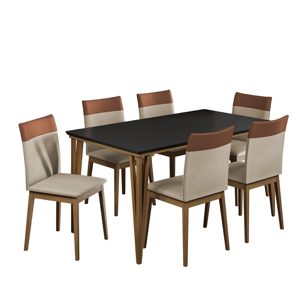Kit de Mesa de Jantar Safira 160x90cm com 6 Cadeiras Cristal Preto/Areia/Caramelo