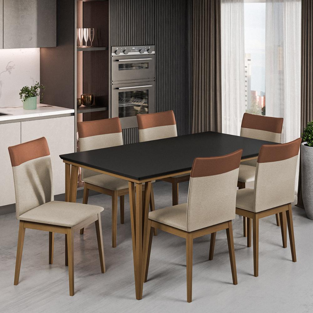 Kit de Mesa de Jantar Safira 160x90cm com 6 Cadeiras Cristal Preto/Areia/Caramelo