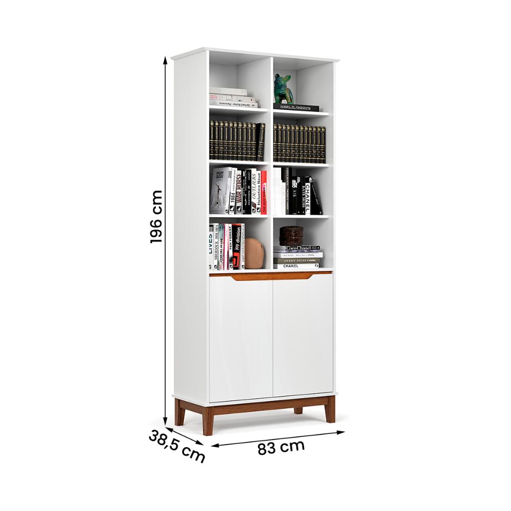 Livreiro EJ Flow 2 Portas 6 Prateleiras com Pés Madeira Branco