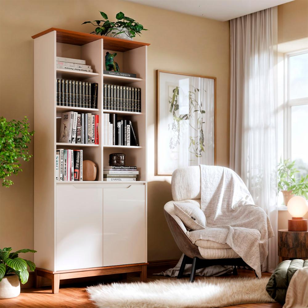 Livreiro EJ Flow 2 Portas 6 Prateleiras com Pés Madeira Off White/Freijo