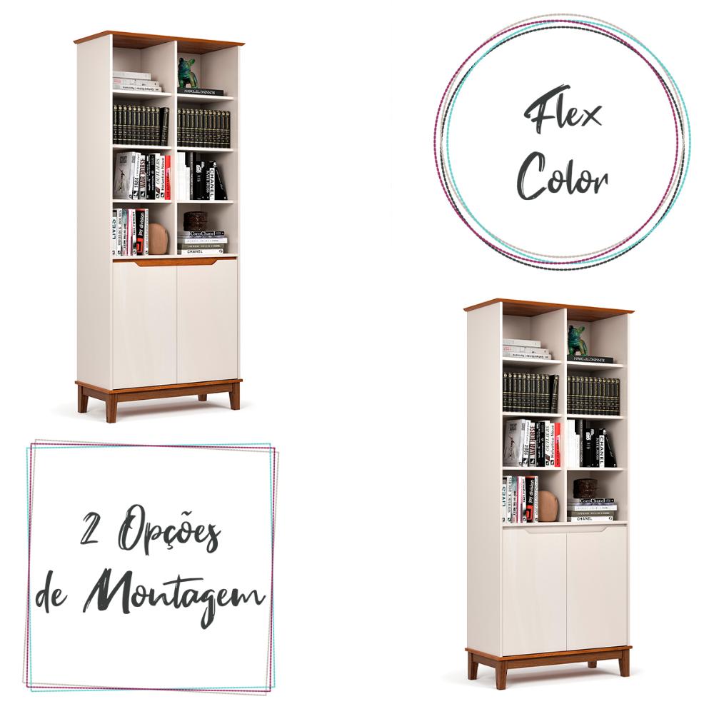 Livreiro EJ Flow 2 Portas 6 Prateleiras com Pés Madeira Off White/Freijo