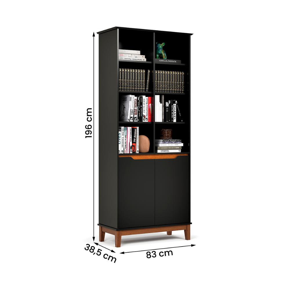 Livreiro EJ Flow 2 Portas 6 Prateleiras com Pés Madeira Preto