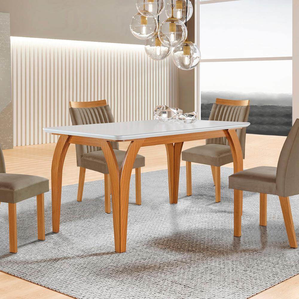 Mesa de Jantar Agata 135cm 4 Lugares com Tampo de Vidro Castanho Cinamomo/Off White