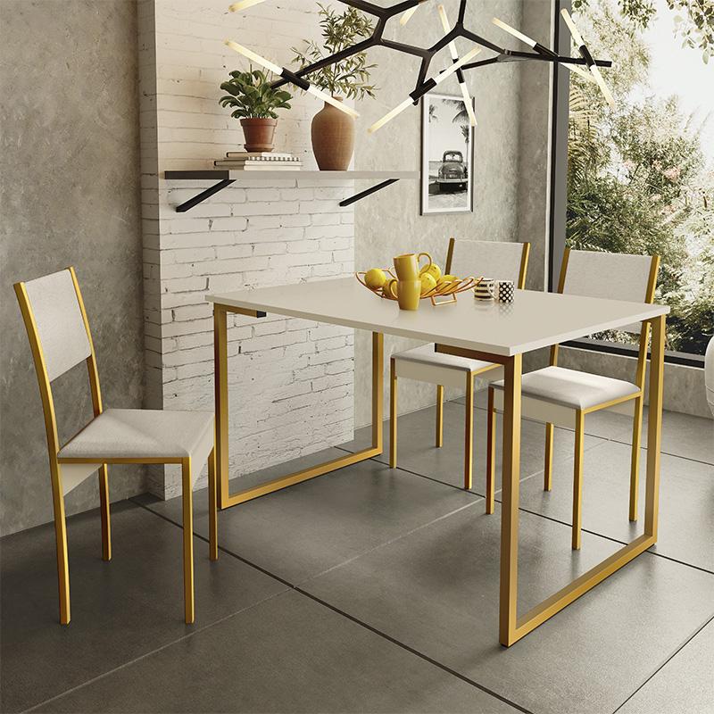 Mesa de Jantar e Cadeiras Steel Estilo Industrial Pés em Aço Dourado/Off White