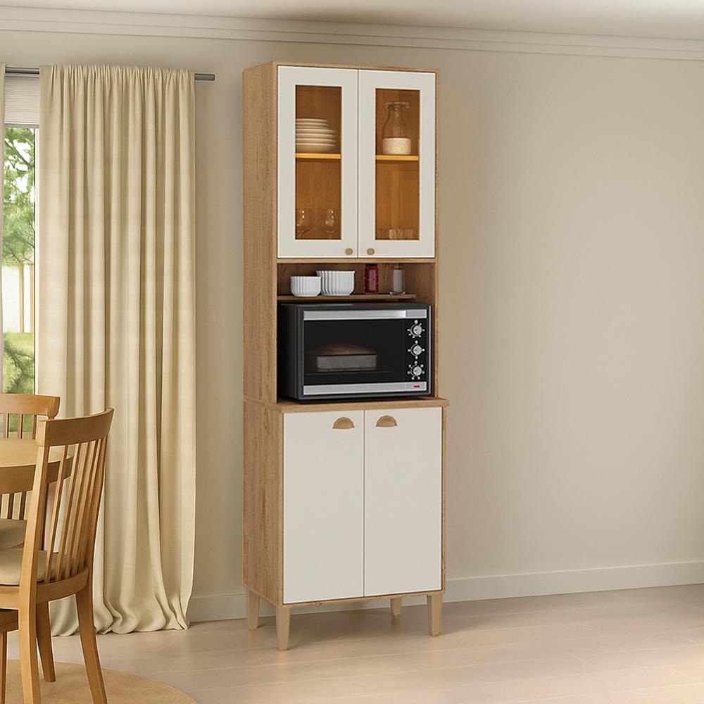 Paneleiro Cristaleira Tunísia 4 Portas com Prateleiras 71cm Canelato/Off White