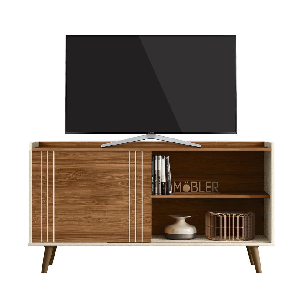 Rack Bancada New Austin Retrô para TV até 50” Polegadas Cinamomo/Perola Metalizado