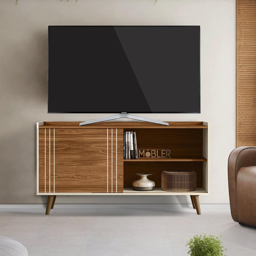 Rack Bancada New Austin Retrô para TV até 50” Polegadas Cinamomo/Perola Metalizado
