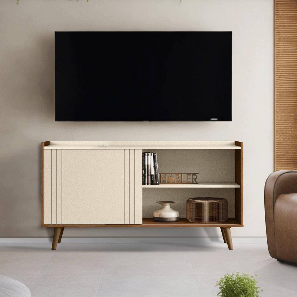 Rack Bancada New Austin Retrô para TV até 50” Polegadas Perola Metalizado/Cinamomo