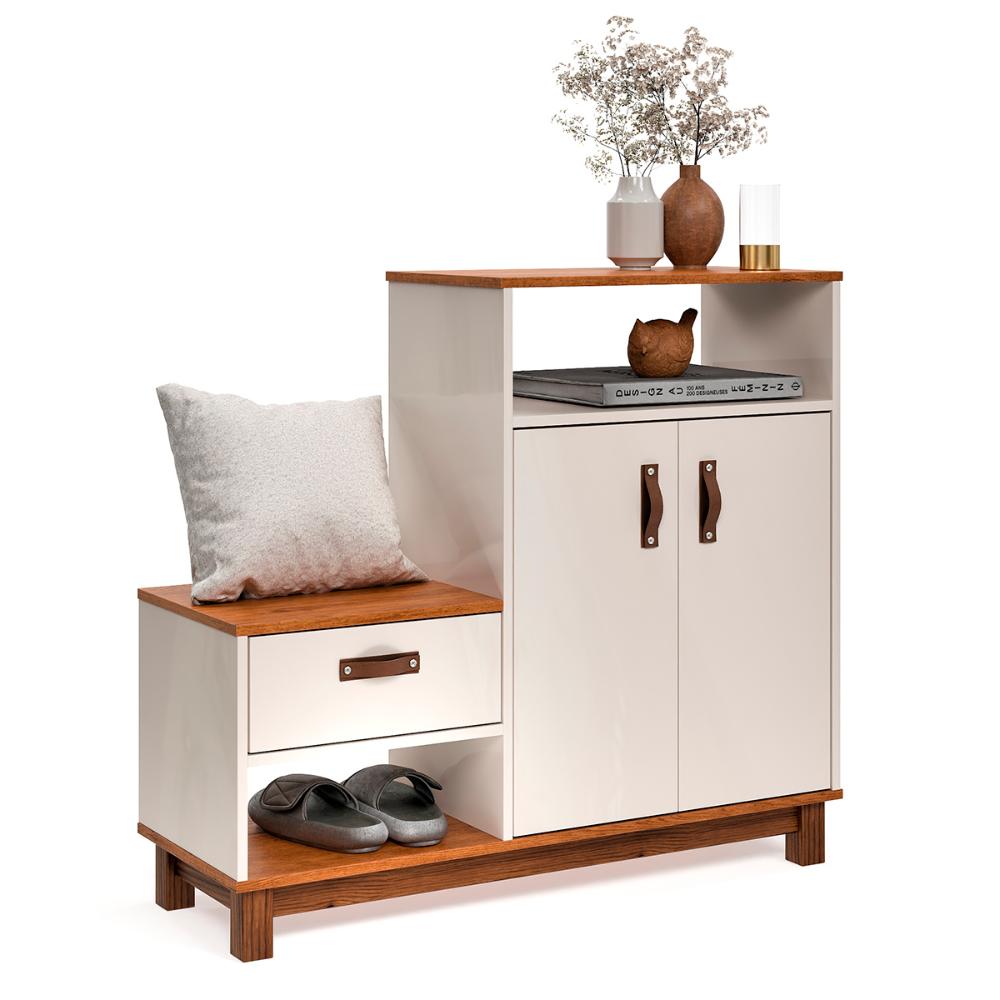 Sapateira com Banco Organic 3 Portas Pés de Madeira Maciça Off White/Freijo