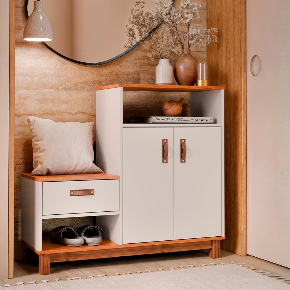 Sapateira com Banco Organic 3 Portas Pés de Madeira Maciça Off White/Freijo