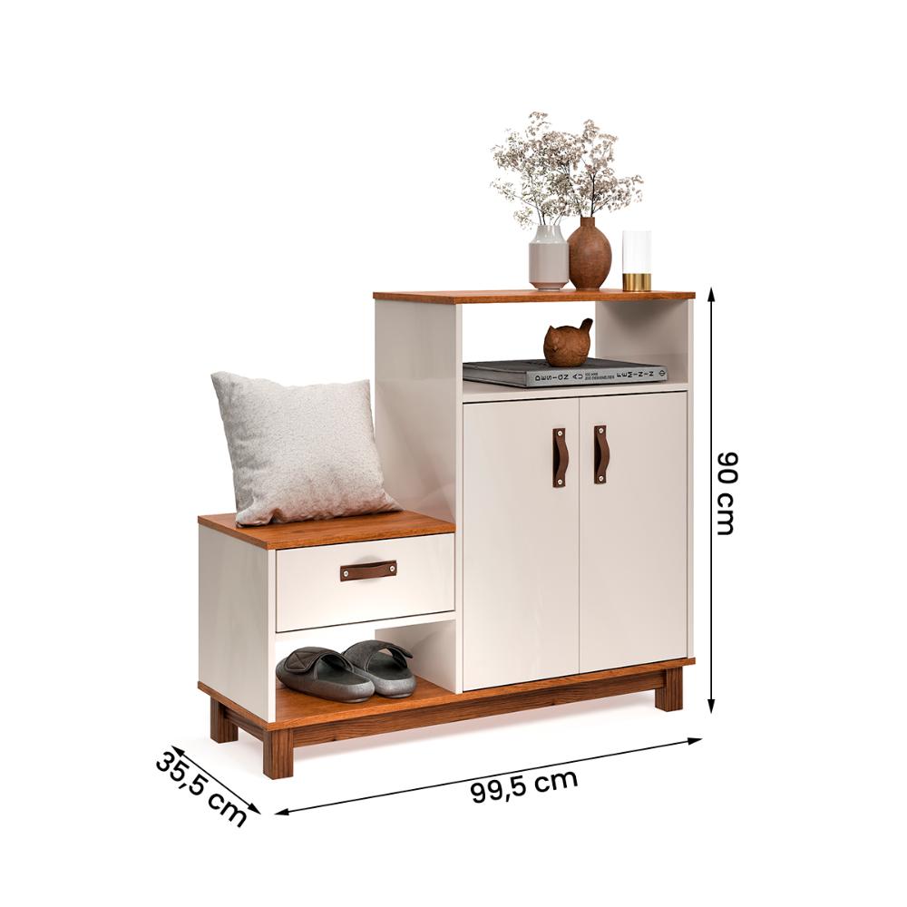 Sapateira com Banco Organic 3 Portas Pés de Madeira Maciça Off White/Freijo