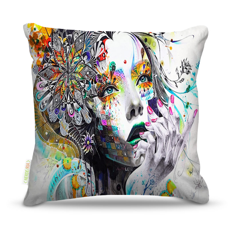 Almofada 45 x 45cm  Nerderia e Lojaria mulher mão surreal colorido