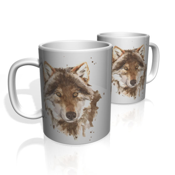 Caneca De Porcelana Nerderia e Lojaria WOLF aquarela colorido