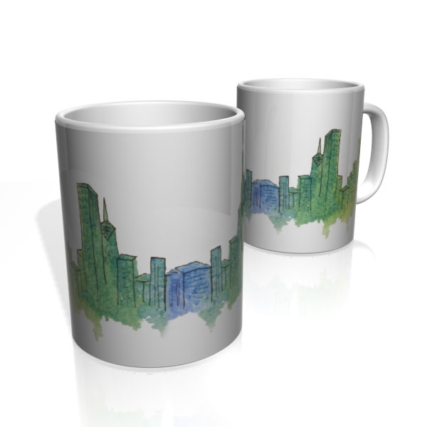 Caneca De Porcelana Nerderia e Lojaria city aquarela colorido