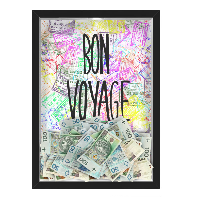 Quadro CAIXA COFRE 33x43 cm NERDERIA E LOJARIA viagens bon voyage preto