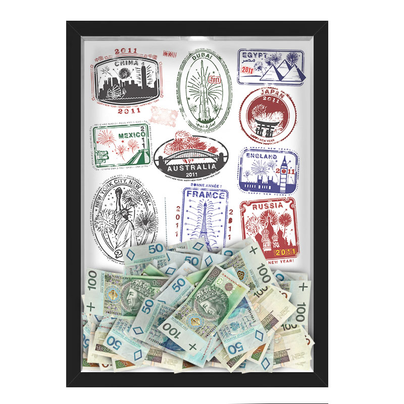 Quadro CAIXA COFRE 33x43 cm NERDERIA E LOJARIA viagens selos preto