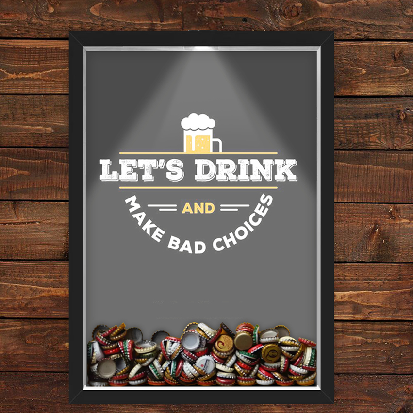 Quadro Caixa Porta Tampinha Cerveja Com Led Lets Drink