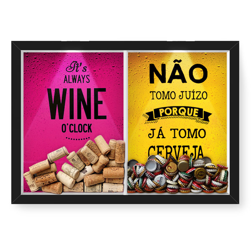 Quadro Porta Rolha Vinho E Tampinha Cerveja (2 Em 1) 33x43 cm  - Com LED Nerderia e Lojaria wine oclock e juizo preto