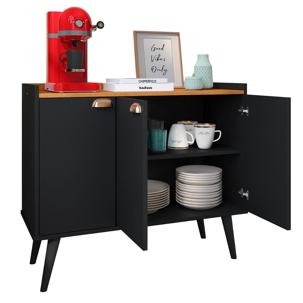 Aparador Buffet 3 Portas Cantinho Café Prateleira Organizadora Puxador Concha Vintage Pés Retrô  Sala Jantar Truzzi - Preto/Cinamomo - RPM