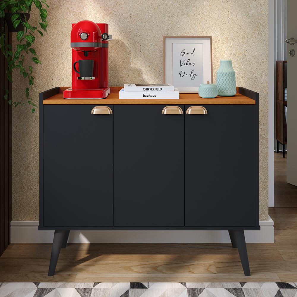 Aparador Buffet 3 Portas Cantinho Café Prateleira Organizadora Puxador Concha Vintage Pés Retrô  Sala Jantar Truzzi - Preto/Cinamomo - RPM