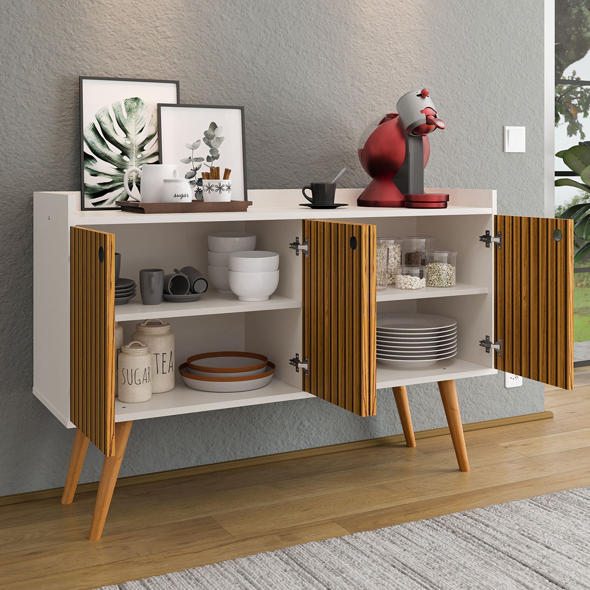 Aparador Buffet Dallas Pés Palito Retrô 4 Portas Decoração Sala Jantar Cantinho Café - Off White-Ripado Nature - RPM Móveis