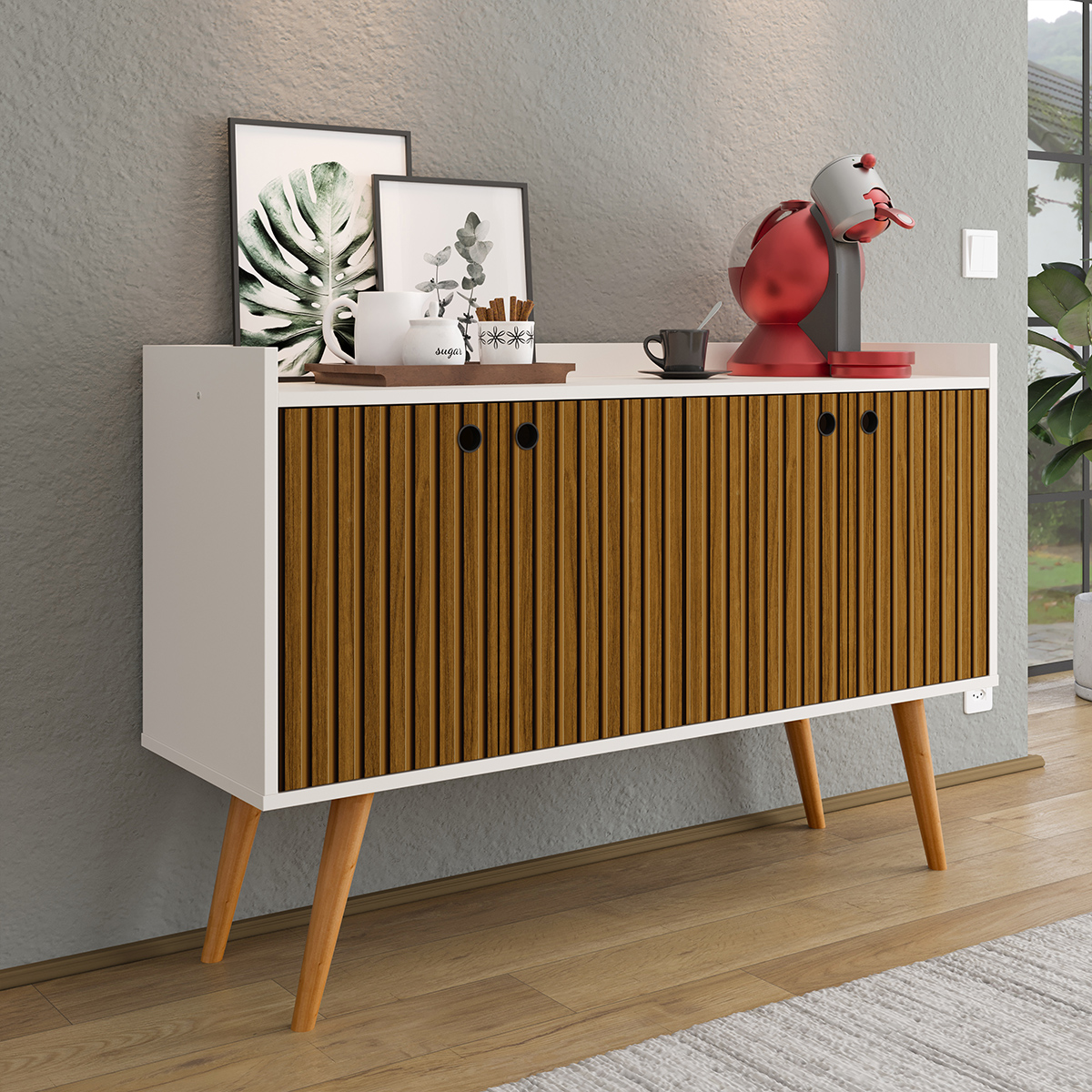 Aparador Buffet Dallas Pés Palito Retrô 4 Portas Decoração Sala Jantar Cantinho Café - Off White-Ripado Nature - RPM Móveis
