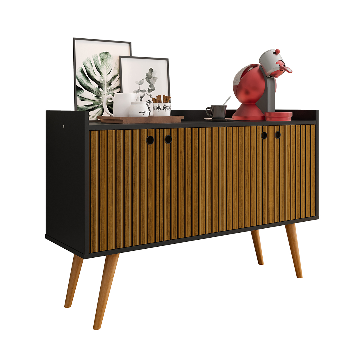 Aparador Buffet Dallas Pés Palito Retrô 4 Portas Decoração Sala Jantar Cantinho Café - Preto-Ripado Nature - RPM Móveis