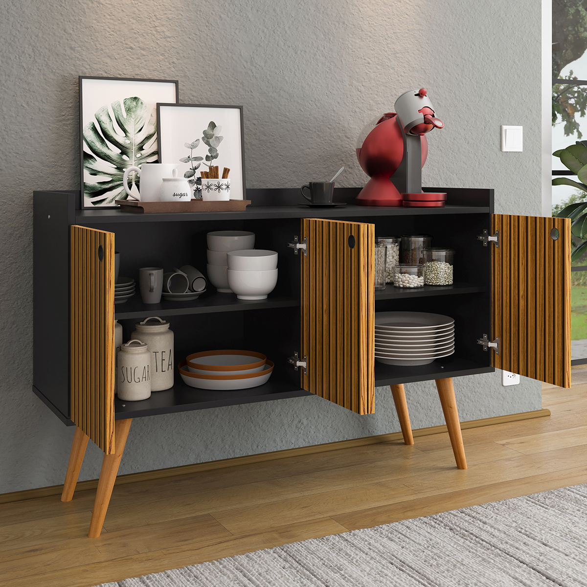 Aparador Buffet Dallas Pés Palito Retrô 4 Portas Decoração Sala Jantar Cantinho Café - Preto-Ripado Nature - RPM Móveis
