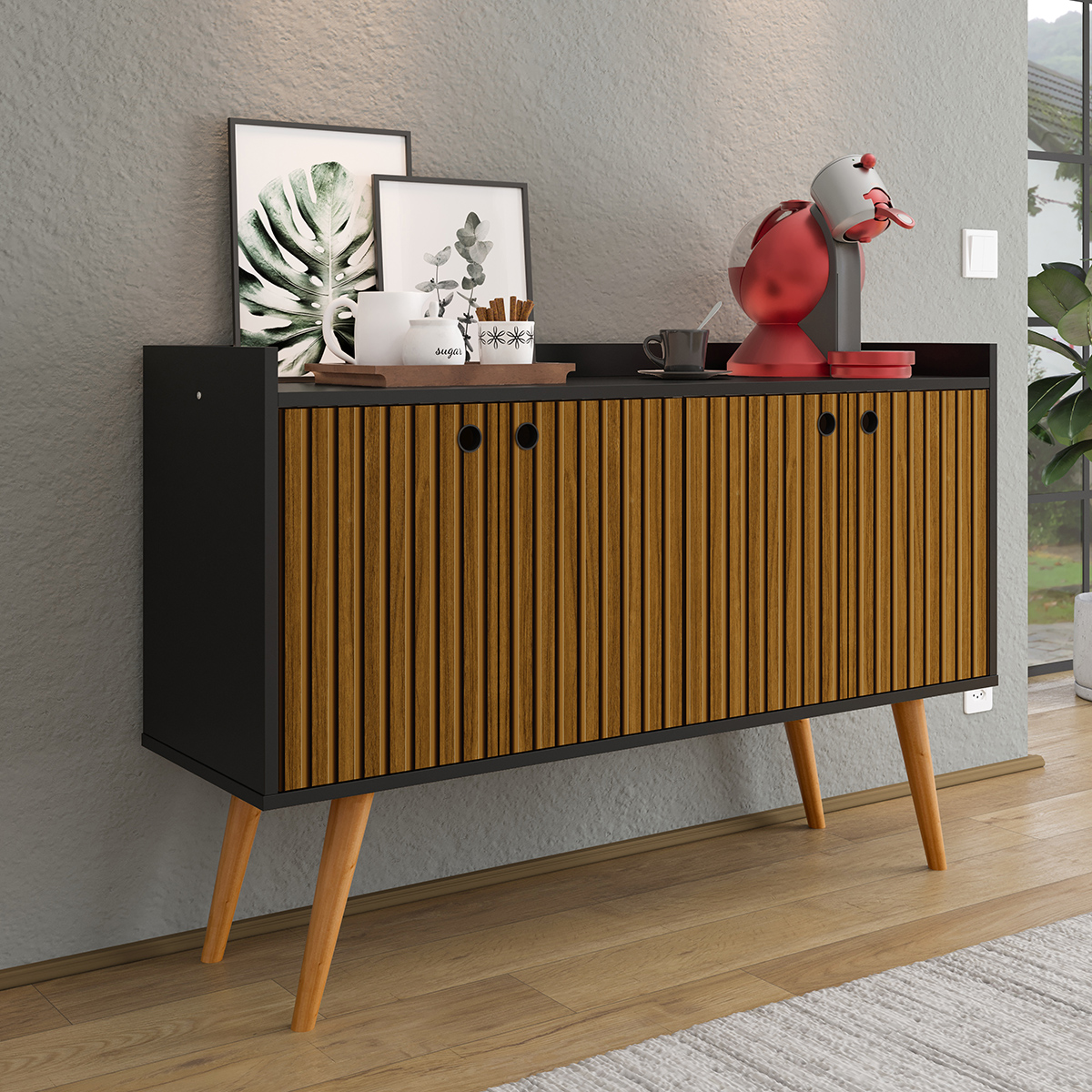 Aparador Buffet Dallas Pés Palito Retrô 4 Portas Decoração Sala Jantar Cantinho Café - Preto-Ripado Nature - RPM Móveis
