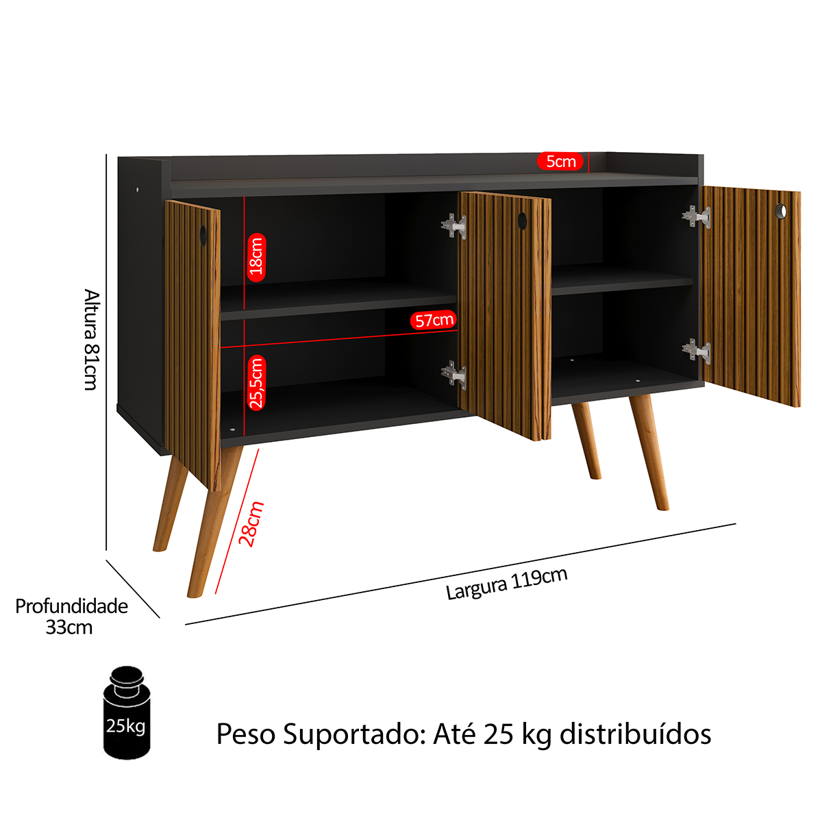 Aparador Buffet Dallas Pés Palito Retrô 4 Portas Decoração Sala Jantar Cantinho Café - Preto-Ripado Nature - RPM Móveis