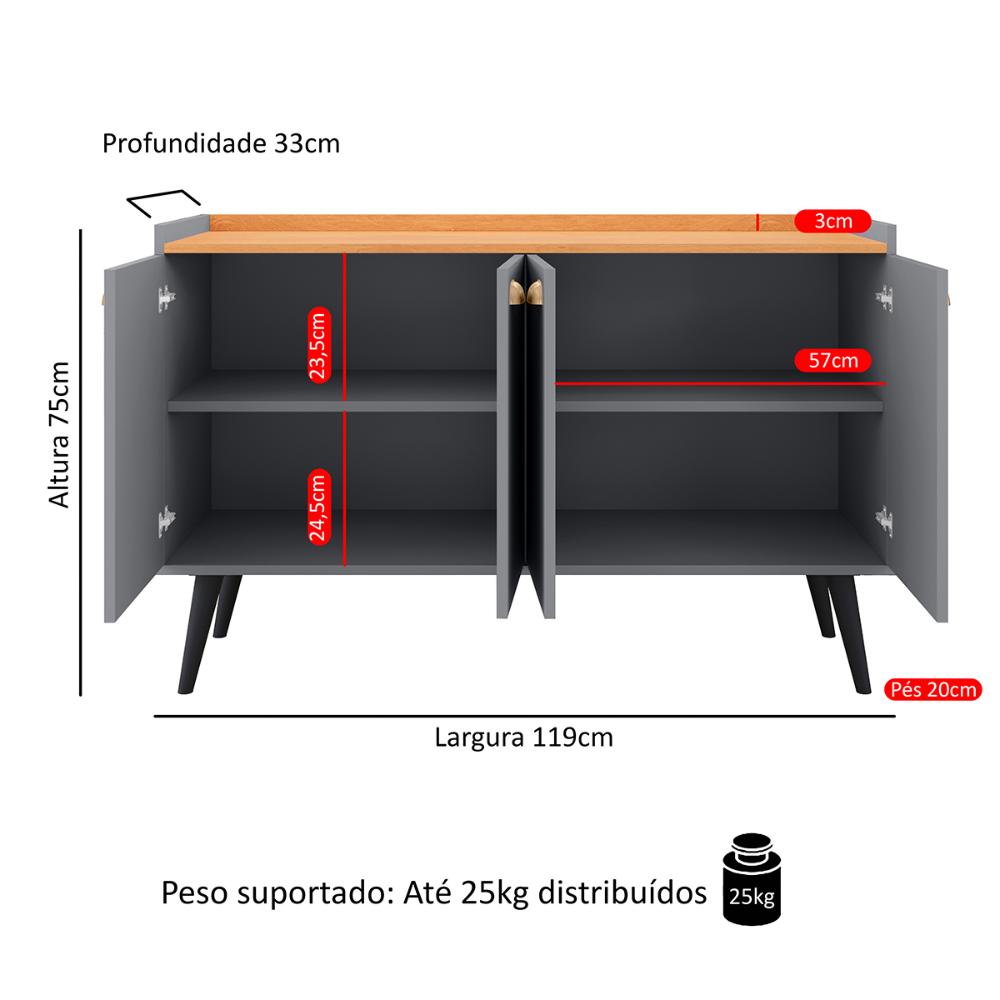 Aparador Buffet Kiev Cantinho Café 4 Portas Puxador Concha Prateleira Interna Organizadora Pés Retrô - Cinza/Cinamomo - RPM Móveis