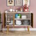 Aparador Buffet Wood Prime 3 Portas Cantinho Café Prateleira Organizadora Pés Palito Decoração Retrô - Off White-Ripado Nature - RPM Móveis