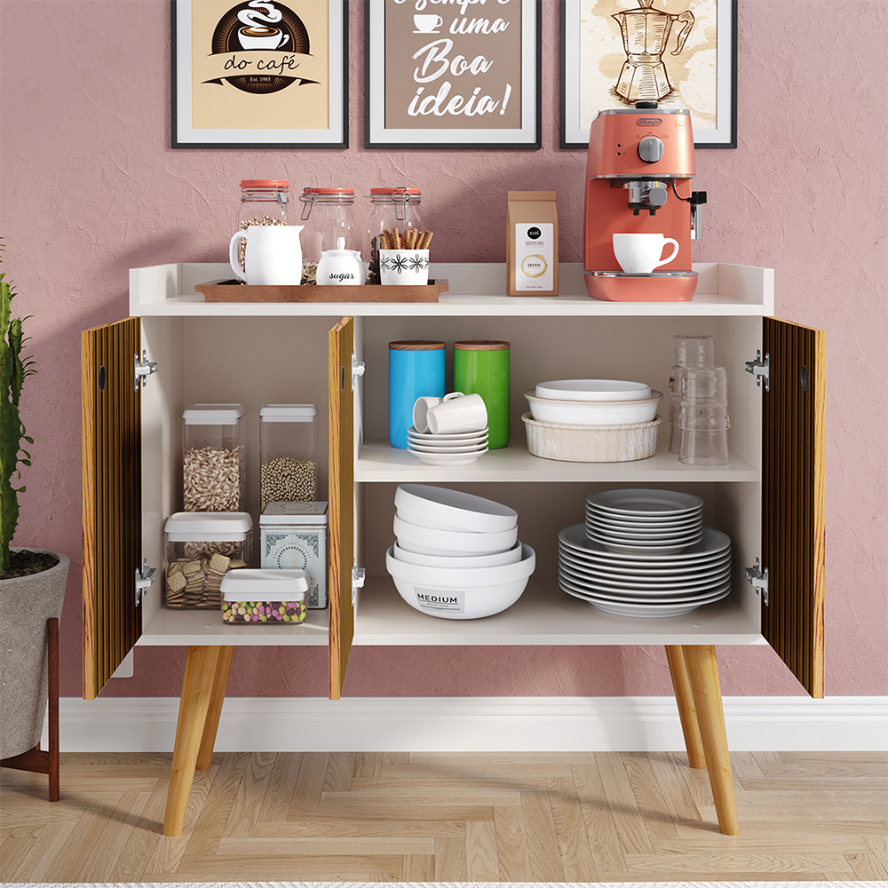 Aparador Buffet Wood Prime 3 Portas Cantinho Café Prateleira Organizadora Pés Palito Decoração Retrô - Off White-Ripado Nature - RPM Móveis