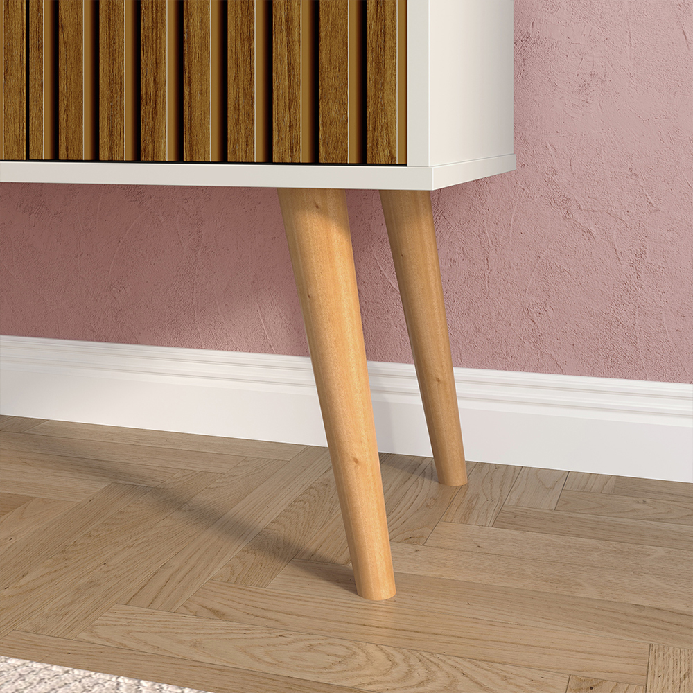 Aparador Buffet Wood Prime 3 Portas Cantinho Café Prateleira Organizadora Pés Palito Decoração Retrô - Off White-Ripado Nature - RPM Móveis