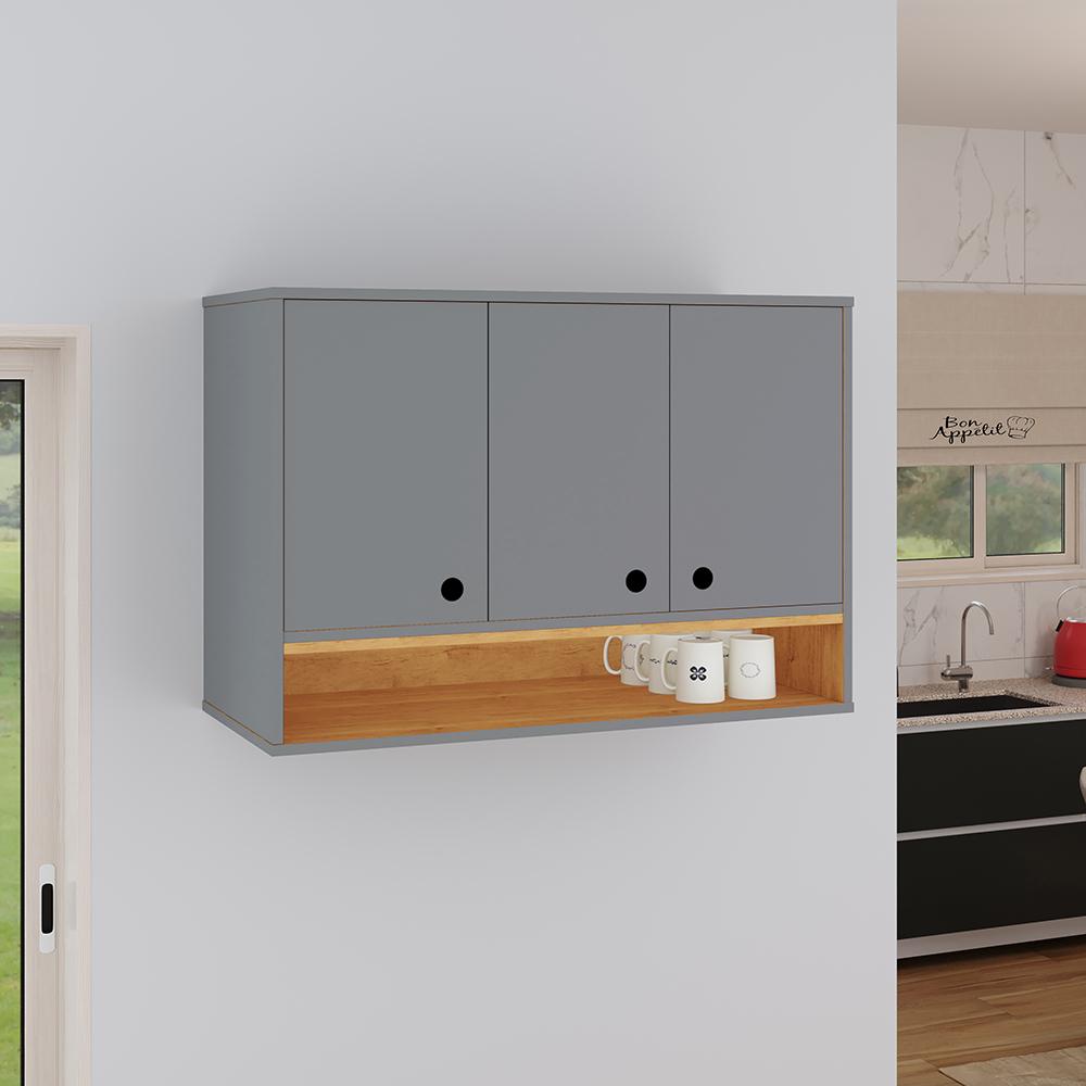 Armário Aéreo Organizador Suspenso Parede Multiuso 3 Portas Cozinha Jessica - Cinza - Cinamomo