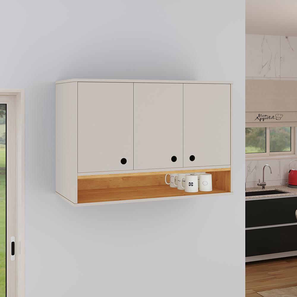 Armário Aéreo Organizador Suspenso Parede Multiuso 3 Portas Cozinha Jessica - Off White - Cinamomo