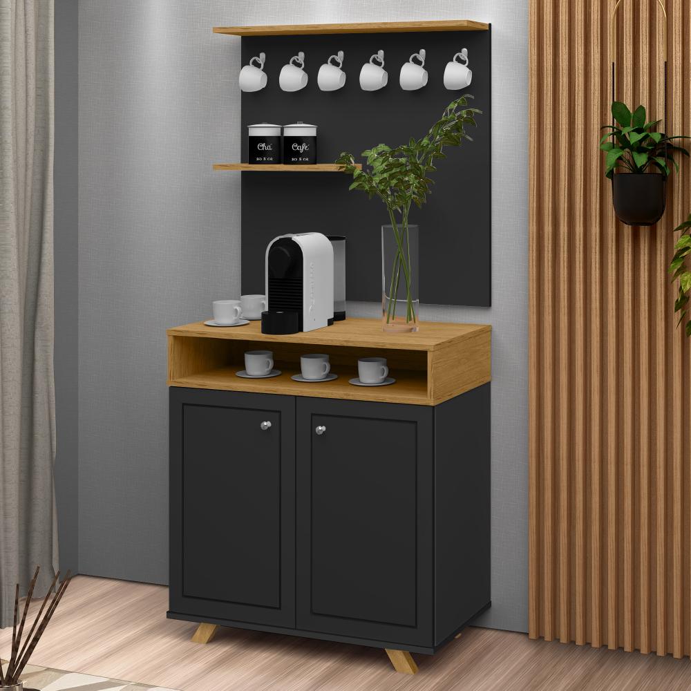 Armário Cantinho Café Star Organizador Cozinha Decoração Sala Prateleira Nicho - Nature/Preto - RPM Móveis 